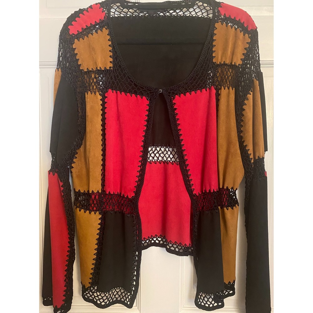 T&W‎ Designs Patchwork Crochet Faux Suede Open Front Cardigan Red Tan Black M/L